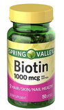 Cápsulas de Biotin 1000 mcg Spring Valley para piel, cabello y uñas.